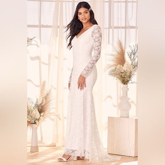 NEW Lulu’s Make it Last Forever White Lace Long Sleeve Mermaid Maxi Dres… - Picture 2 of 6